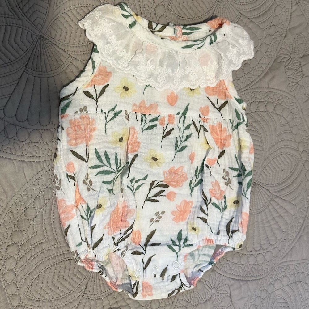 Spring Floral Baby Romper with Lace Collar